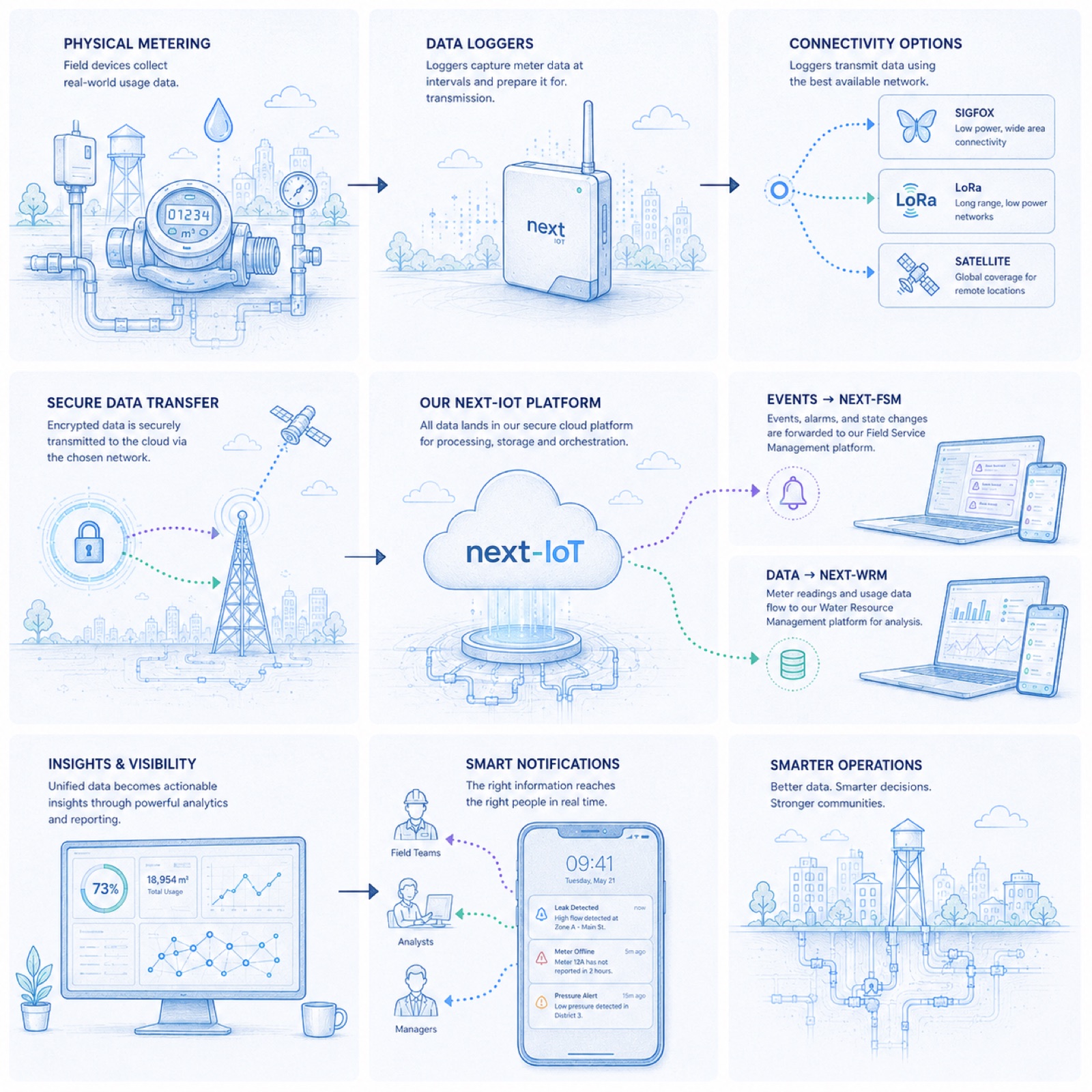 Schematic showing physical metering, data loggers, connectivity, Next-IoT, Next-WRM reports and notifications